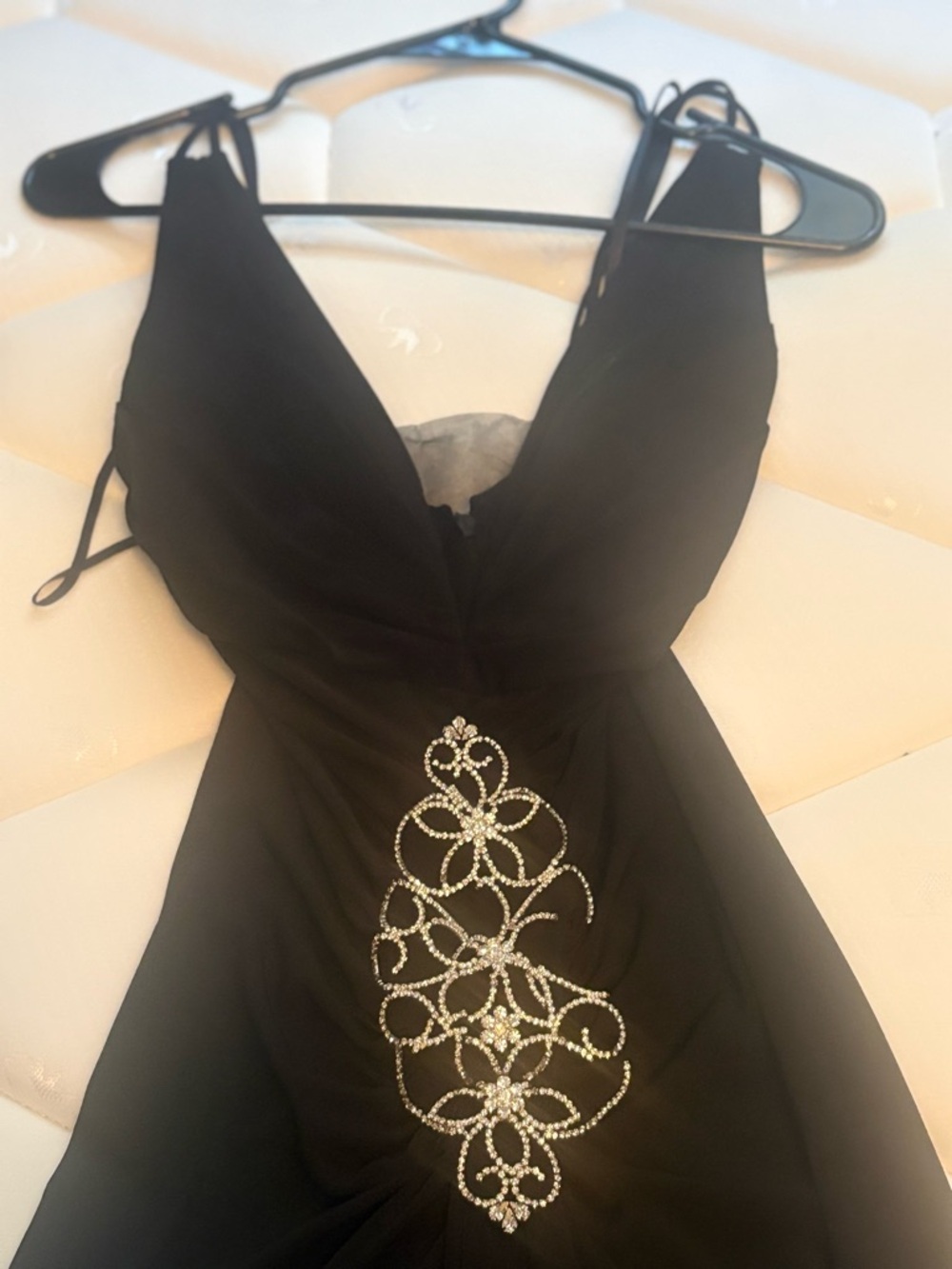 Black Asymmetrical Evening Dress with Crystal Motif